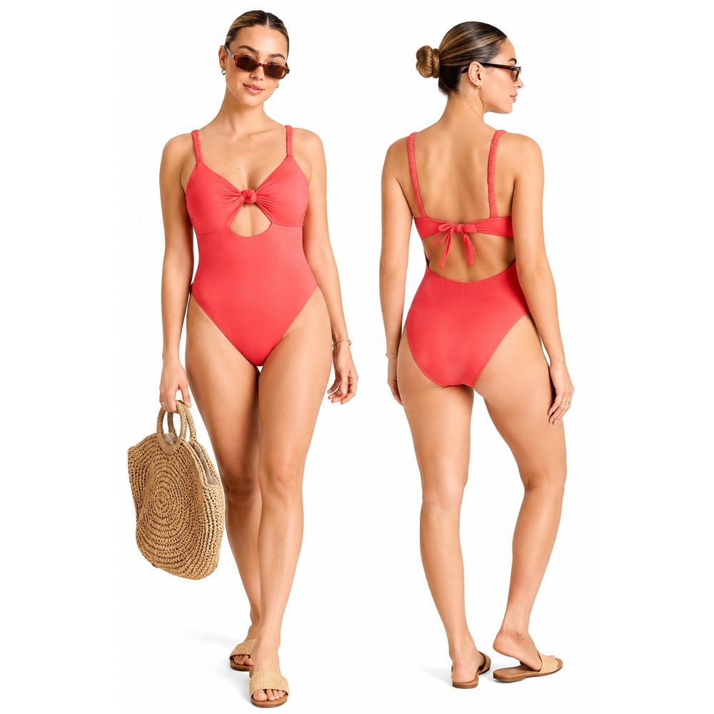 Vitamin A Coral Print Knot Front One Piece Swimsuit Coral Red Size M NWT
